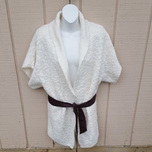 New Joan Vass LG Ivory Wool & Mohair Belted Cardi